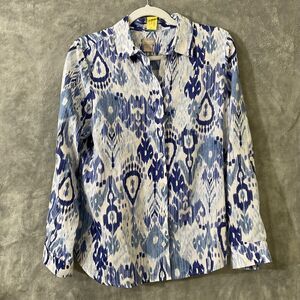 Chico's Linen Blouse women size 0 / 4-6 Blue IKat print No Iron Button Roll Tab
